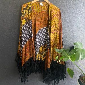 FREE PEOPLE patchwork kimono, suede fringe detail
